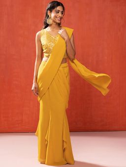 Indya - Yellow Ready To Wear Saree with Sequin Thread Embroidered Blouse