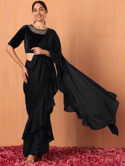 Indya - Black Satin Ruffled Ready To Wear Saree