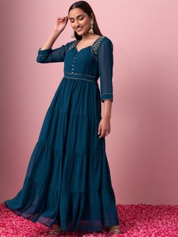 Indya - Teal Blue Embroidered Tiered Maxi Kurta