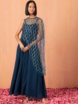 Indya - Teal Blue Flared Jumpsuit with Sequin Embellished Cape (Set of 2)