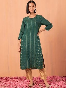 Indya - Dark Green Sequin and Thread Embroidered Muslin Kurta