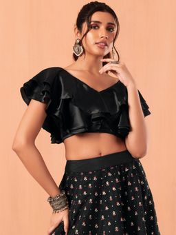 Indya - Black Satin Ruffled Blouse