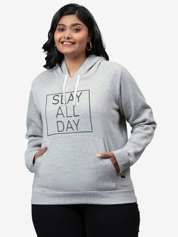 Instafab Plus - Size Women Printed Casual Hooded Sweatshirt Grey