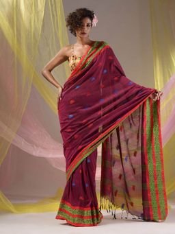 CHARUKRITI - Magenta Cotton Handloom Soft Nakshi Border Saree with Unstitched Blouse