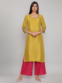 WISHFUL by W - Olive Green Solid Straight Kurta