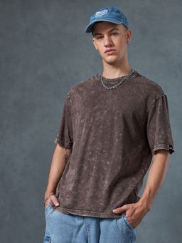 Bewakoof - Men's Brown Oversized Acid Wash T-shirt