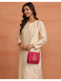 Fabindia - Pink Hand Embroidered Clutch with Detachable Strap (M)