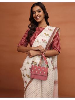 Fabindia - Pink Hand Embroidered Clutch with Detachable Strap (M)