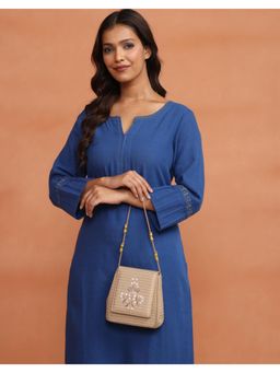 Fabindia - Beige Hand Embroidered Clutch with Detachable Strap (M)