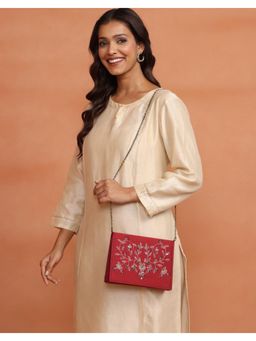 Fabindia - Red Hand Embroidered Clutch with Detachable Strap (L)