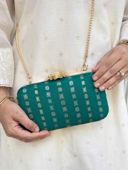 AMYRA - Green Palki Pure Kanchi Silk Clutch with Detachable Strap