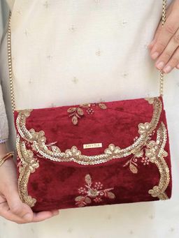 AMYRA - Ras Velvet Embellished Red Clutch with Detachable Strap