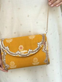 AMYRA - Yellow Bahaar Pure Silk Flapover Clutch with Detachable Strap