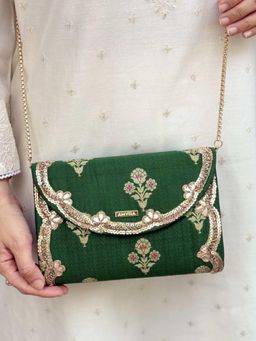 AMYRA - Green Bahaar Pure Silk Flapover Clutch with Detachable Strap