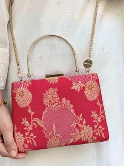 AMYRA - Red Simar Pure Katan Silk Clutch with Detachable Strap