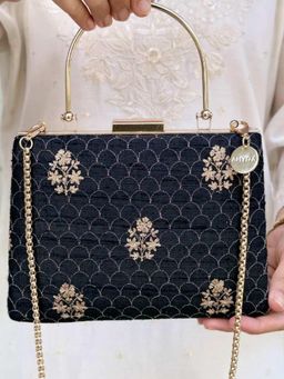 AMYRA - Black Karim Embroidered Clutch with Detachable Strap