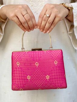 AMYRA - Pink Zahri Silk Clutch with Detachable Strap