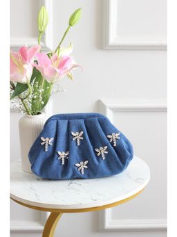 BOXWISH BY BHUMIKA - Trendy Blue Crystal Dragonfly Embellished Denim Clutch