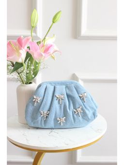 BOXWISH BY BHUMIKA - Light Blue Crystal Dragonfly Embellished Denim Clutch