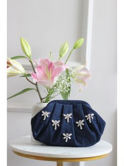 BOXWISH BY BHUMIKA - Navy Blue Crystal Dragonfly Embellished Denim Clutch
