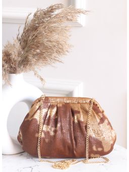 BOXWISH BY BHUMIKA - Brown & Gold Metallic Pleated Clutch with Detachable Strap