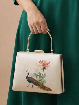 ARTKLIM - Beige Peacock With Flower Printed Clutch