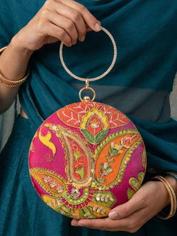 ARTKLIM - Pink Ethnic Round Embellished Clutch