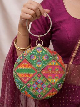 ARTKLIM - Green Ethnic Round Embroidered Clutch