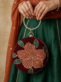 ARTKLIM - Maroon Ruby Bloom Velvet Embellished Round Clutch