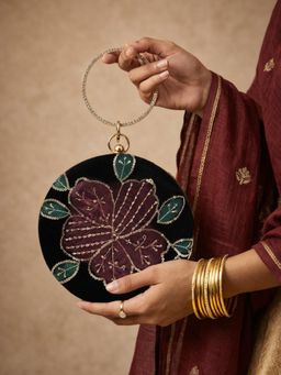 ARTKLIM - Black Velvet Floral Embellished Round Clutch