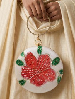 ARTKLIM - Ivory Garden Floral Sequin Embroidered Round Clutch