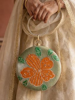 ARTKLIM - Sage Blossom Green Satin Floral Embellished Round Clutch