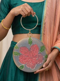 ARTKLIM - Silver Mist Floral Embellished Round Clutch