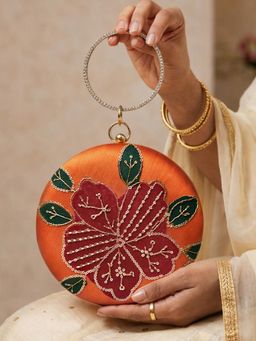ARTKLIM - Sunset Glow Orange Floral Embellished Round Clutch