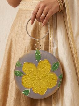 ARTKLIM - Golden Petal Grey Floral Embellished Round Clutch