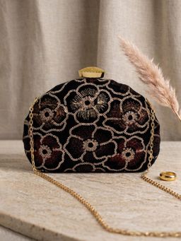 ARTKLIM - Elegant Black Floral Embellished Clutch with Detachable Strap