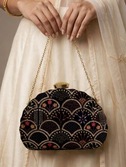 ARTKLIM - Black Scallop Pattern Embellished Clutch with Detachable Strap