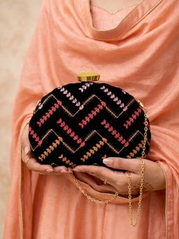 ARTKLIM - Black Zigzag Embroidered Clutch with Detachable Strap