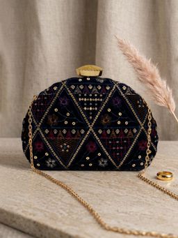 ARTKLIM - Black Geometric Embroidered Clutch with Detachable Strap