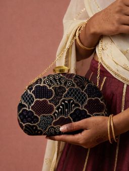 ARTKLIM - Black Patchwork Embroidered Clutch with Detachable Strap