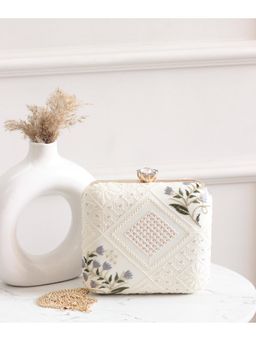 BOXWISH BY BHUMIKA - Off White Geometric And Floral Embroidered Box Clutch