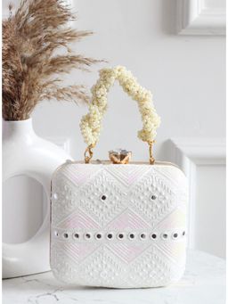 BOXWISH BY BHUMIKA - White Geometric Embroidered Box Clutch