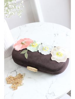 BOXWISH BY BHUMIKA - Brown Floral Embroidered Velvet Box Clutch