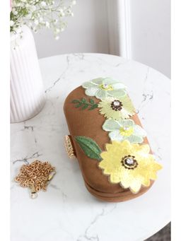 BOXWISH BY BHUMIKA - Tan Floral Embroidered Velvet Box Clutch
