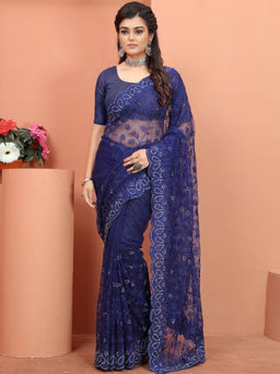 Odette - Blue Embroidered Net Saree with Unstitched Blouse (Set of 2)