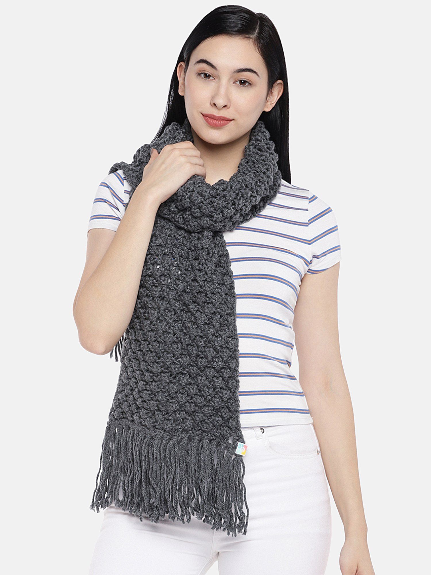 magic needles Women Grey Self Design Bobble Stitch Handmade Scarf-picture-23