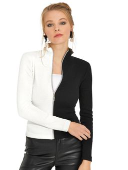 Odette - Black And White Cotton Color block Jacket for Women