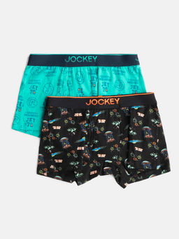 Jockey - PB03 Boys Cotton Elastane Printed Trunk - Black & Billiard Green (Pack of 2)