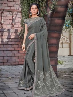 Odette - Grey Colour Satin Silk Embroidered Saree with Unstitched Blouse