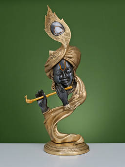 Ekaa Handicrafts - Lord Krishna Black Modern Statue Playing Flute Handcrafted In Brass